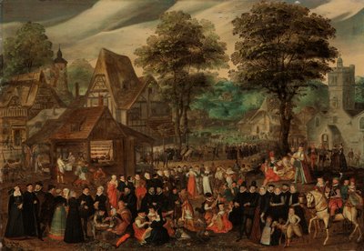 Une fête de village avec des personnages élégamment vêtus en procession, une rivière et une tour au-delà - Joris Hoefnagel