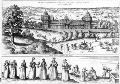 Arrivée de la reine Élisabeth I à Nonesuch Palace et hommes et femmes de la société Tudor, 1582 - Joris Hoefnagel