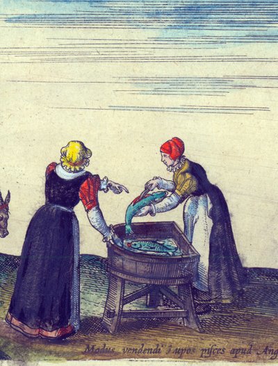 Poissonnières vendant et éviscérant des brochets, 1598 (détail) - Joris Hoefnagel