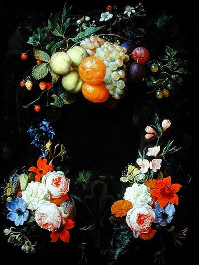 Oranges, pêches, raisins, prunes, fraises, framboises et autres fruits avec des roses, chèvrefeuille et autres fleurs - Joris van Son