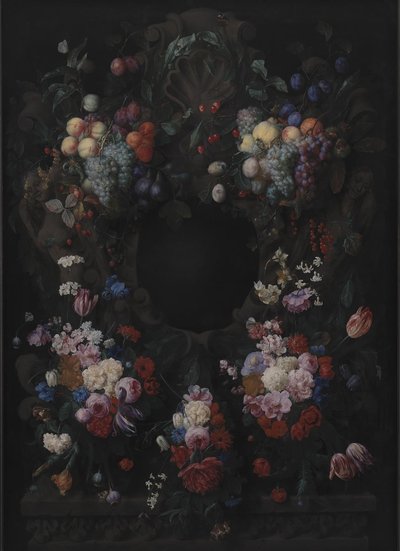 Cartouche en pierre avec guirlande de fruits et de fleurs - Joris van Son