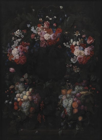Cartouche en pierre avec guirlande de fruits et de fleurs - Joris van Son