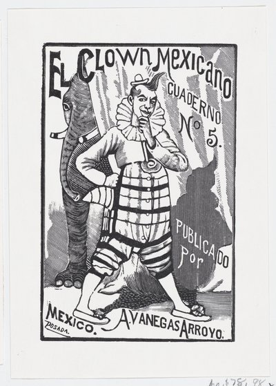 Un clown debout avec une main sur la hanche et un éléphant regardant derrière... - José Guadalupe Posada