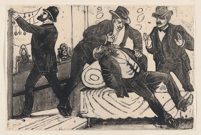 Un homme poignardant un autre homme dans la poitrine tandis que ses associés pillent un magasin, ca. 1890-1891 - José Guadalupe Posada