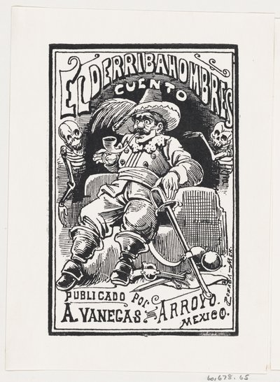 Un homme avec des armes et une pipe dans la bouche flanqué de deux squelettes, illustration..., vers 1880-1910 - José Guadalupe Posada