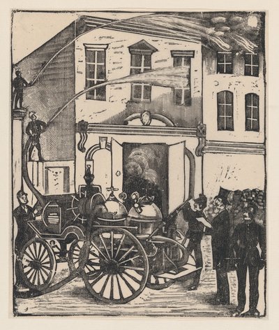 Pompiers éteignant un incendie dans une maison, camion de pompiers au premier plan, vers 1880-1910 - José Guadalupe Posada
