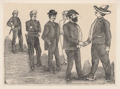 Deux hommes se serrant la main au premier plan et des officiers les regardant en arrière-plan, vers 1880-1910 - José Guadalupe Posada