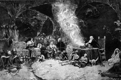 Scène de sabbat, un sorcier préside la cérémonie invoquant des créatures dans un chaudron magique. Des sorcières assistent à la scène. D