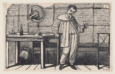 Un homme tenant un verre à la main, regardant vers le bas et s