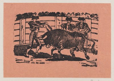 Ein Torero platziert Banderillas in die Schultern des Stiers, während zwei Männer hinter dem Stier stehen - José Guadalupe Posada