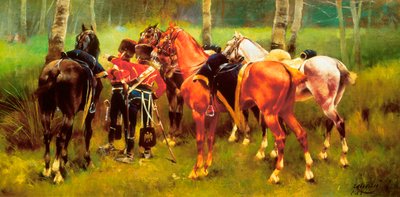 Groupe de hussards et de chevaux dans la forêt - Josep Cusachs y Cusachs