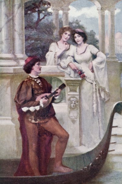 Jeune homme jouant de la musique à deux demoiselles (lithographie en couleur) - Joseph (after) Finnemore