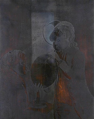 Plaque pour Deux garçons soufflant une vessie à la lumière des bougies, aquatinte par Peter Perez Burdett - Joseph (after) Wright of Derby