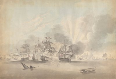 Scène de bataille : Navires de guerre, Frégates et Corvettes ; Bateau coulant et Barque - Joseph Cartwright
