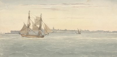 Brigantin seul (?) Un autre navire à voile contre la silhouette de la ville en arrière-plan - Joseph Cartwright