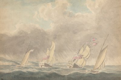 Deux sloops de guerre, une barque et une goélette (?), poupes en avant, en mer agitée; plusieurs voiliers en arrière-plan - Joseph Cartwright