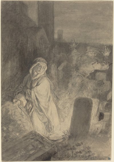Un homme fuyant une nonne priant dans un cimetière - Joseph Fay