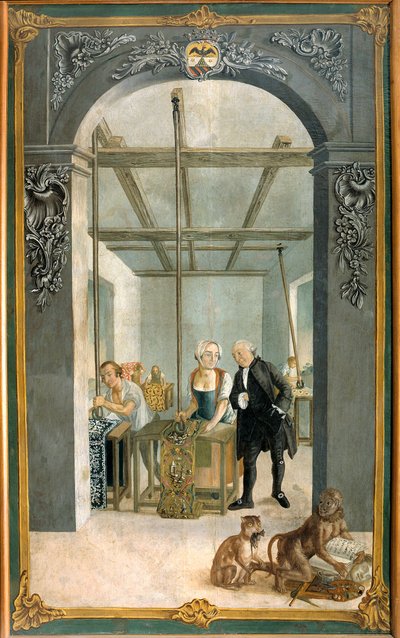 Manufacture de tissu indien des frères Wetter : ouvriers passant par la grille des toiles imprimées. Peinture de Joseph Gabriel Rossetti (18ème siècle). 1764 Orange, Musée Municipal - Joseph Gabriel Rossetti