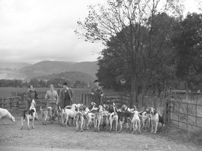 Deux hommes et deux femmes se tiennent debout avec un groupe de chiens courants. - Joseph Hardman