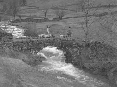Deux femmes et un homme marchent sur un pont avec des chiens à leurs pieds. - Joseph Hardman