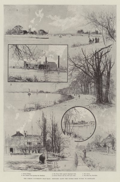 La prochaine course de bateaux universitaires, esquisses le long du parcours de Putney à Mortlake - Joseph Holland Tringham