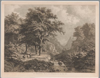 Paysage montagneux avec une cascade au centre, un garçon avec trois vaches et un chien à gauche - Joseph Hubert Blees