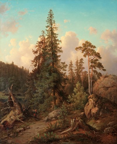 Paysage forestier avec une femme ramassant du bois - Joseph Magnus Stäck