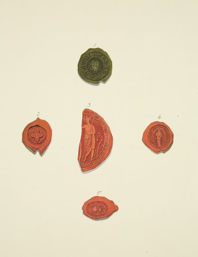Cinq sceaux de Robert Atwaller, sceau inconnu, Margaret Mewyrk, Prieure de Sainte Marie-Madeleine et John Vrell - Joseph Manning
