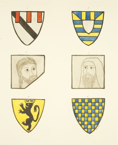 Quatre armoiries et deux têtes dans les vitraux au nord et au sud du chœur de la cathédrale de Bristol - Joseph Manning