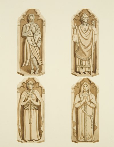 Quatre figures décorant les portes fabriquées par Clarke, de chaque côté de l
