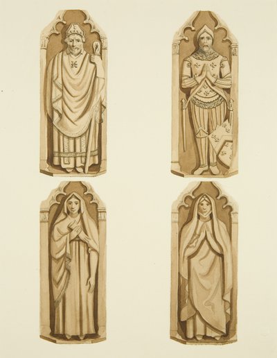 Quatre figures décorant les portes fabriquées par Clarke, de chaque côté de l
