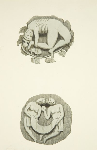 Deux pierres de voûte au plafond en entrant par la porte nord de la Cathédrale de Bristol - Joseph Manning