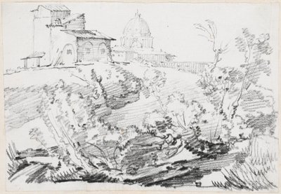 Un bâtiment sur une colline avec Saint-Pierre au loin - Joseph Marie Vien