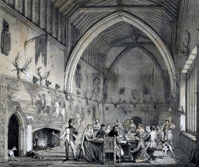 Salle à Moat House Ightham avec banquet, Kent, gravure de Mansions of England in olden time - Joseph Nash