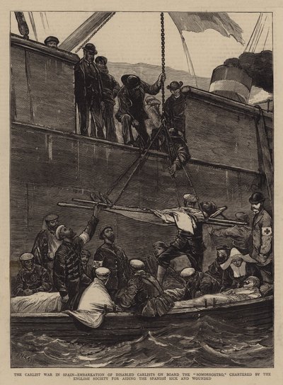 La Guerre carliste en Espagne, embarquement des carlistes handicapés à bord du Somorrostro, affrété par la Société anglaise pour aider les malades et blessés espagnols - Joseph Nash