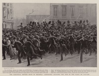 Les émeutes pour la réforme électorale à Bruxelles, les gendarmes chargeant la foule sur la place de Louvain - Joseph Nash