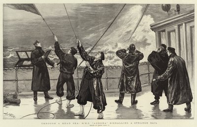 À travers une mer agitée, H M S Aurora signalant une voile étrange - Joseph Nash