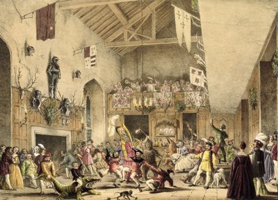 Réjouissances de la Nuit des Rois dans la grande salle, Haddon Hall, Derbyshire, de 