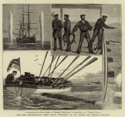Avec la flotte méditerranéenne, H M S Monarch à la pratique du coton-poudre et des torpilles - Joseph Nash