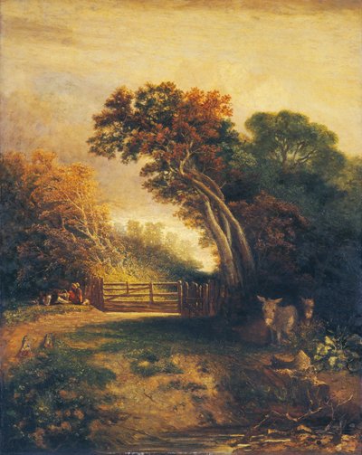 Paysage avec pique-niqueurs et ânes près d