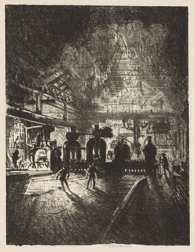 Travail de guerre anglais : Dans les mâchoires de la mort, barres roulantes pour obus - Joseph Pennell