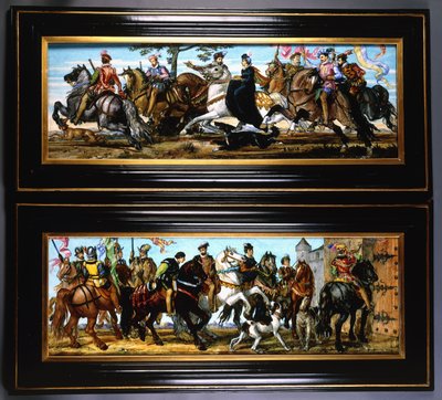 Une paire de plaques murales en poterie, représentant des scènes médiévales de chasseurs avec des chiens - Joseph Theodore Deck