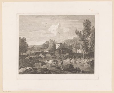 Paysage fluvial avec berger et vaches sur un pont - Joseph Wagner