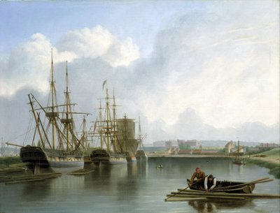 Description des docks de Bristol (Angleterre), avec des navires Indiaman commerçant et transportant du bois américain, et des charges de bois flottant sur l