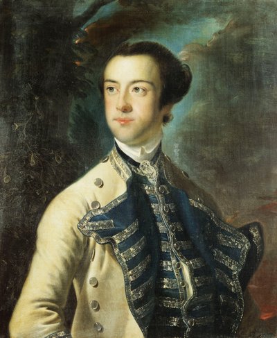 Portrait de Thomas Hanway, mi-longueur, en manteau beige avec des garnitures bleues et argentées, et un gilet bleu et argenté, tenant un chapeau sous son bras, dans un paysage - Joseph Wright of Derby