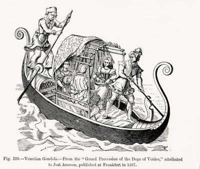 Gondole vénitienne, de la Grande Procession du Doge de Venise, illustration de Science et Littérature au Moyen Âge et à la Renaissance, écrit et gravé par Paul Lacroix, 1878 - Jost (after) Amman