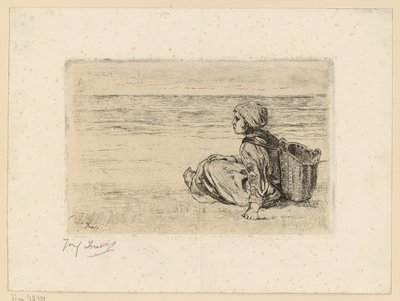 Jeune fille avec une hotte sur le dos à la plage - Jozef Israëls
