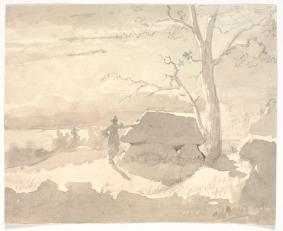Paysage au clair de lune. Un chasseur à côté d