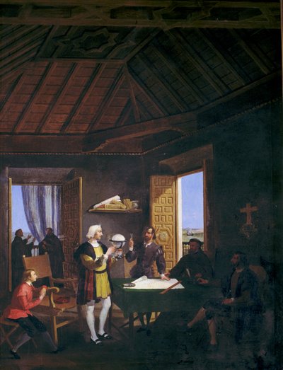 Le physicien Garcia Fernandez Pera Juan Perez et Martin Alonso Pinzon conversant dans la salle capitulaire du monastère de l