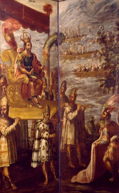 Montezuma, détail de la rencontre entre Cortés et Montezuma, écran attribué à Juan Correa (1645-1716) - Juan Correa